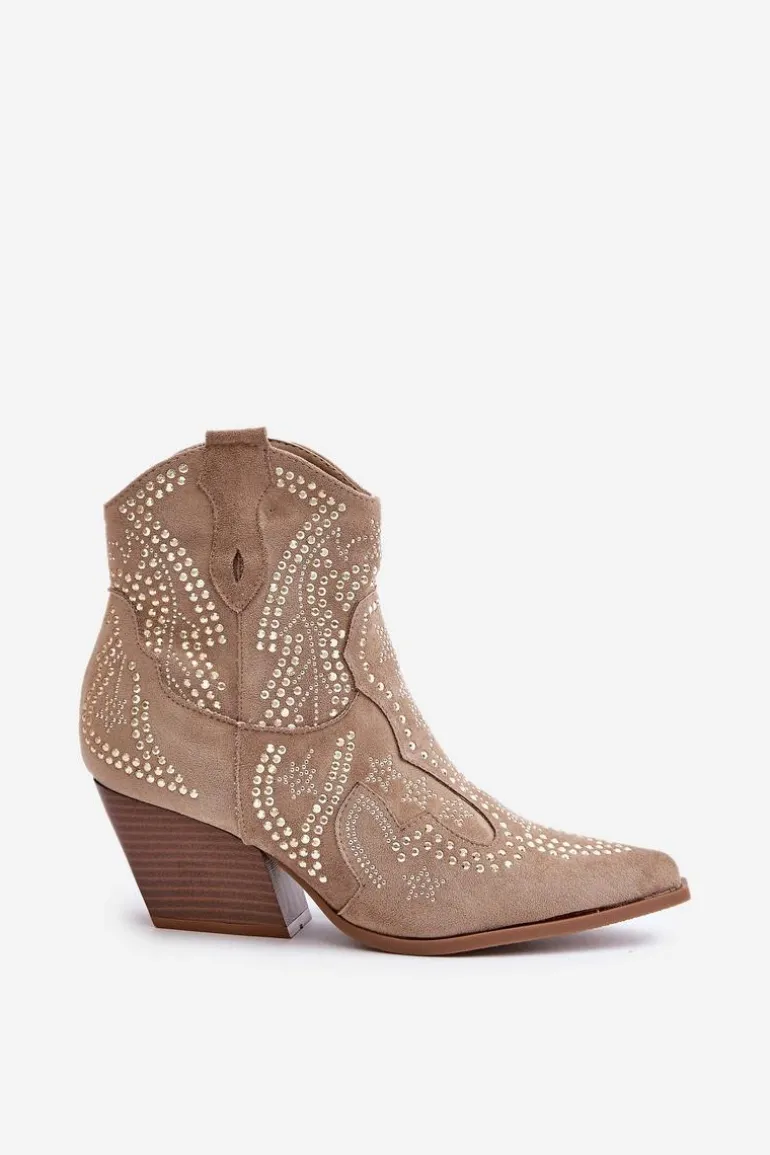 Zdobione Botki Kowbojki Na Obcasie Beżowe Kaivina