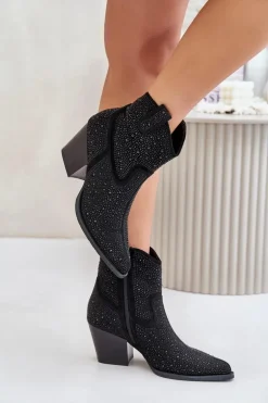 Zdobione Botki Kowbojki Na Obcasie Z Noskami W Szpic S.Barski HY42-121 Czarne