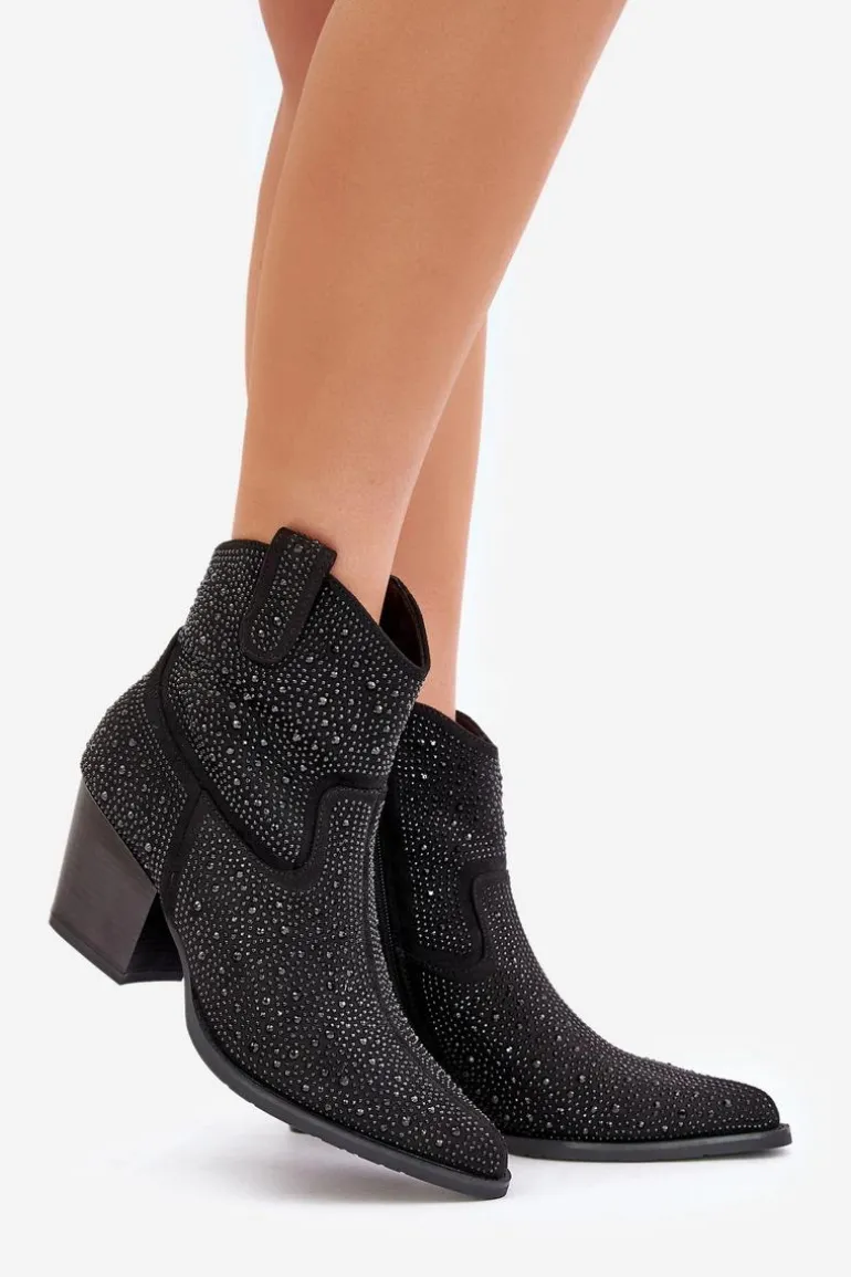 Zdobione Botki Kowbojki Na Obcasie Z Noskami W Szpic S.Barski HY42-121 Czarne