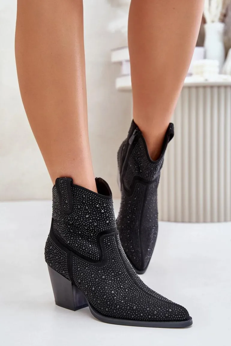 Zdobione Botki Kowbojki Na Obcasie Z Noskami W Szpic S.Barski HY42-121 Czarne