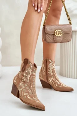 Zdobione Botki Kowbojki Na Obcasie Camel Kaivina