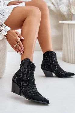 Zdobione Botki Kowbojki Na Obcasie Czarne Kaivina
