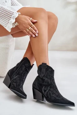 Zdobione Botki Kowbojki Na Obcasie Czarne Kaivina