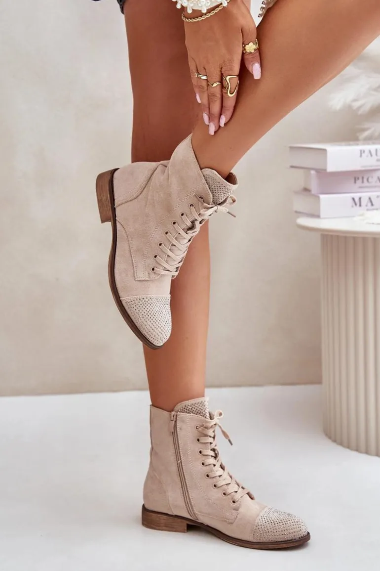 Zdobione Botki Na Płaskim Obcasie Eko Zamszowe Ocieplane Jasnobeżowe Ellieo