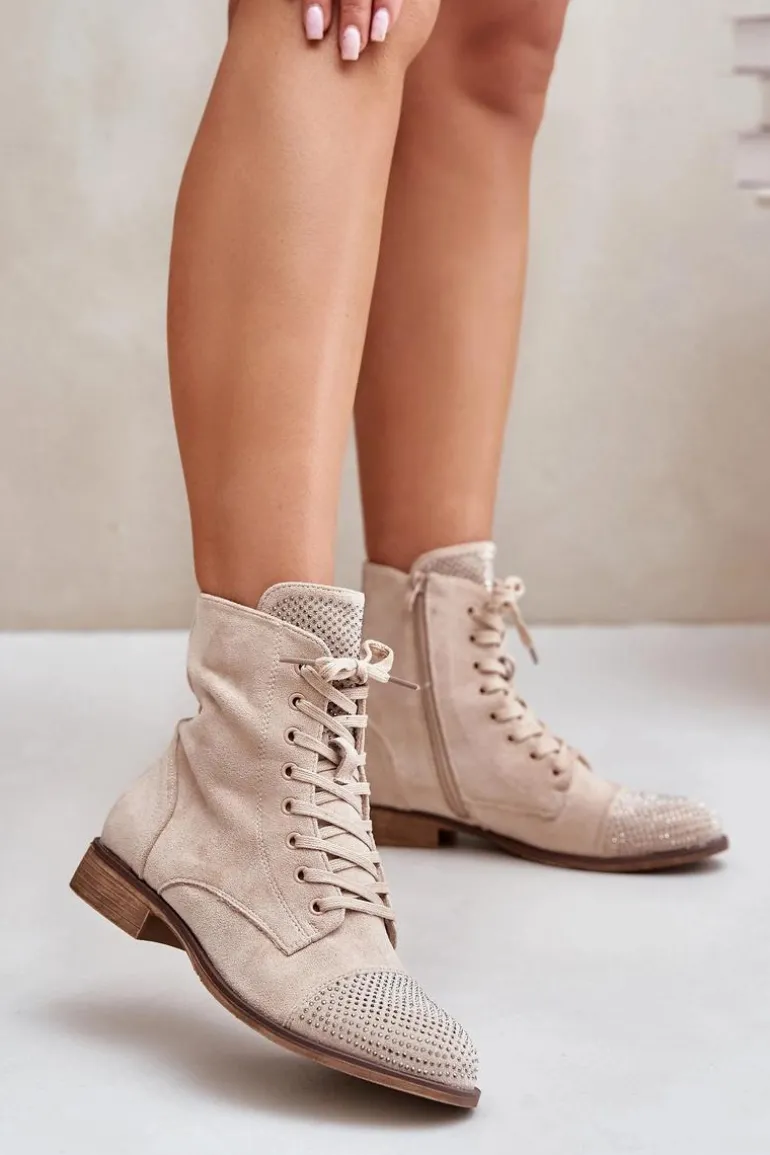 Zdobione Botki Na Płaskim Obcasie Eko Zamszowe Ocieplane Jasnobeżowe Ellieo