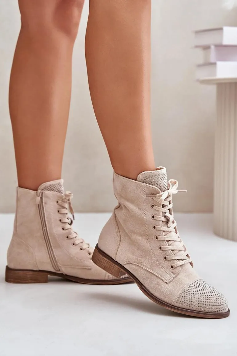 Zdobione Botki Na Płaskim Obcasie Eko Zamszowe Ocieplane Jasnobeżowe Ellieo