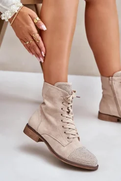 Zdobione Botki Na Płaskim Obcasie Eko Zamszowe Ocieplane Jasnobeżowe Ellieo
