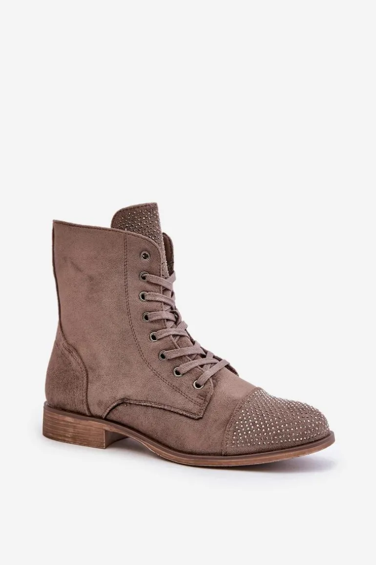 Zdobione Botki Na Płaskim Obcasie Eko Zamszowe Ocieplane Brązowe Ellieo