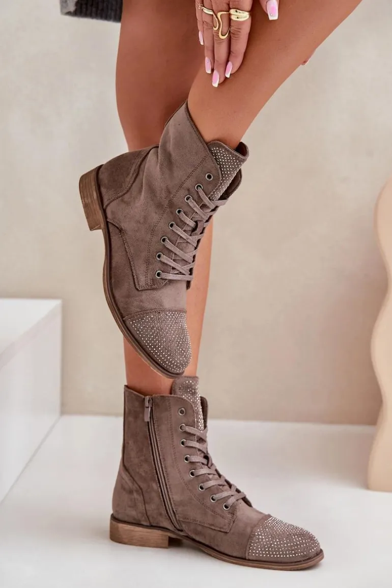 Zdobione Botki Na Płaskim Obcasie Eko Zamszowe Ocieplane Brązowe Ellieo