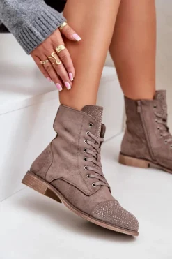 Zdobione Botki Na Płaskim Obcasie Eko Zamszowe Ocieplane Brązowe Ellieo