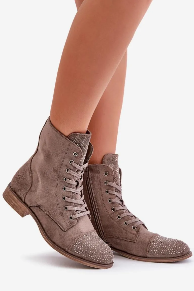 Zdobione Botki Na Płaskim Obcasie Eko Zamszowe Ocieplane Brązowe Ellieo