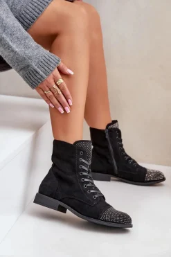 Zdobione Botki Na Płaskim Obcasie Eko Zamszowe Ocieplane Czarne Ellieo