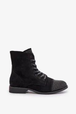 Zdobione Botki Na Płaskim Obcasie Eko Zamszowe Ocieplane Czarne Ellieo