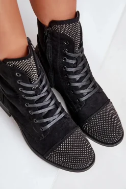 Zdobione Botki Na Płaskim Obcasie Eko Zamszowe Ocieplane Czarne Ellieo