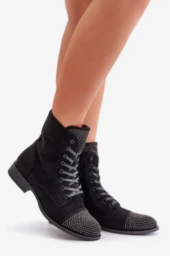 Zdobione Botki Na Płaskim Obcasie Eko Zamszowe Ocieplane Czarne Ellieo