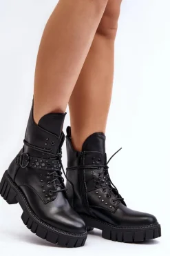 Zdobione Botki Workery Damskie Czarne Vestara