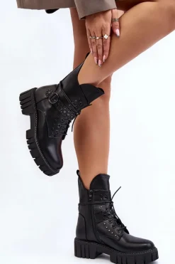 Zdobione Botki Workery Damskie Czarne Vestara