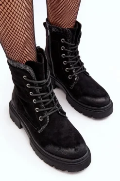 Zdobione Botki Workery Damskie Na Suwak Czarne Santelia