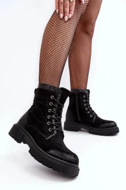 Zdobione Botki Workery Damskie Na Suwak Czarne Santelia