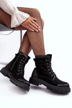 Zdobione Botki Workery Damskie Na Suwak Czarne Santelia