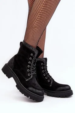 Zdobione Botki Workery Damskie Na Suwak Czarne Santelia