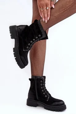 Zdobione Botki Workery Damskie Na Suwak Czarne Santelia
