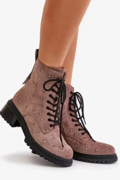 Zdobione Botki Workery Damskie Ocieplane D&A MR880-017 Taupe