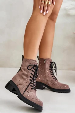 Zdobione Botki Workery Damskie Ocieplane D&A MR880-017 Taupe