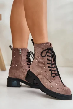 Zdobione Botki Workery Damskie Ocieplane D&A MR880-017 Taupe