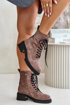 Zdobione Botki Workery Damskie Ocieplane D&A MR880-017 Taupe