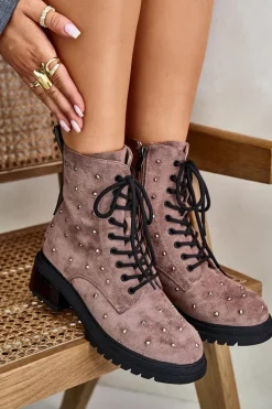 Zdobione Botki Workery Damskie Ocieplane D&A MR880-017 Taupe