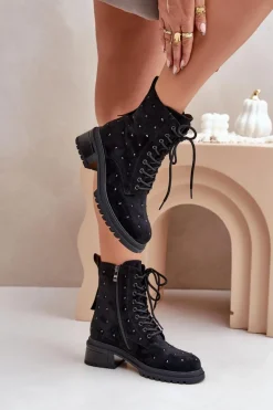 Zdobione Botki Workery Damskie Ocieplane D&A MR880-017 Czarne