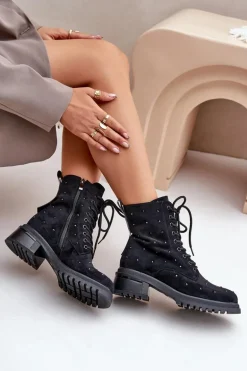 Zdobione Botki Workery Damskie Ocieplane D&A MR880-017 Czarne