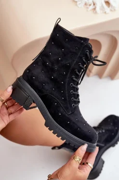 Zdobione Botki Workery Damskie Ocieplane D&A MR880-017 Czarne