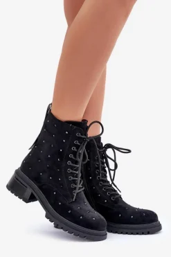 Zdobione Botki Workery Damskie Ocieplane D&A MR880-017 Czarne