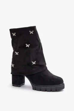 Zdobione Botki Z Wywiniętą Cholewką Na Słupku Czarne Esadora
