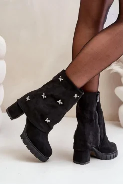 Zdobione Botki Z Wywiniętą Cholewką Na Słupku Czarne Esadora