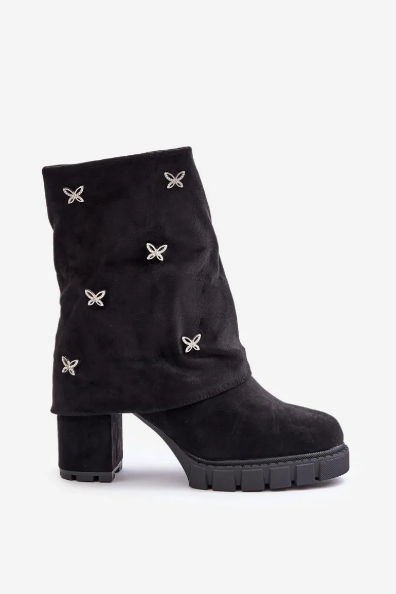 Zdobione Botki Z Wywiniętą Cholewką Na Słupku Czarne Esadora