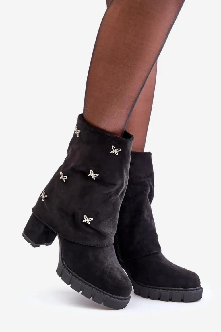 Zdobione Botki Z Wywiniętą Cholewką Na Słupku Czarne Esadora