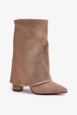 Zdobione Błyszczące Botki Z Wywiniętą Cholewką Na Słupku Ocieplane Beżowe Xistaria