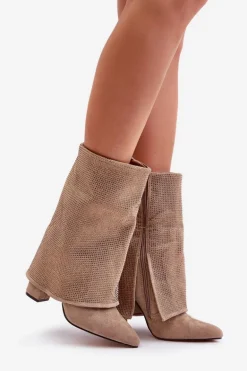 Zdobione Błyszczące Botki Z Wywiniętą Cholewką Na Słupku Ocieplane Beżowe Xistaria