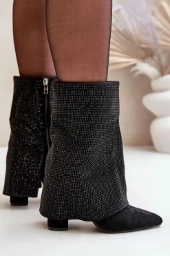 Zdobione Błyszczące Botki Z Wywiniętą Cholewką Na Słupku Ocieplane Czarne Xistaria