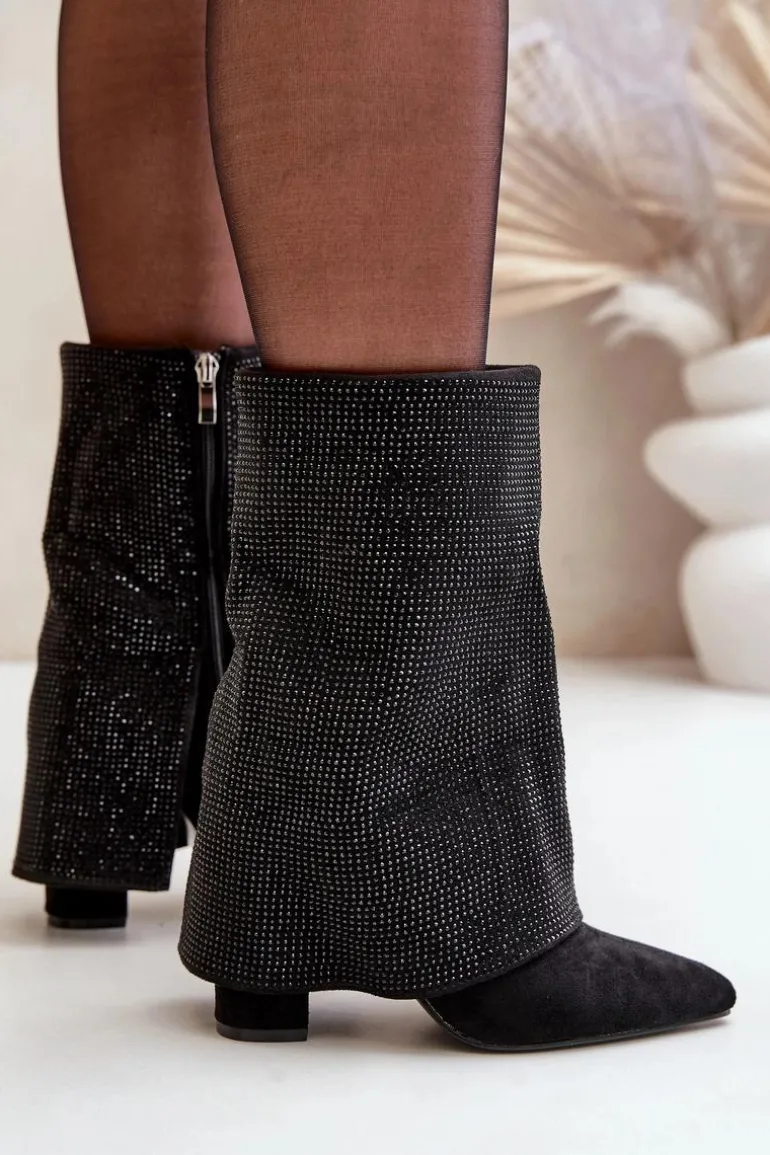 Zdobione Błyszczące Botki Z Wywiniętą Cholewką Na Słupku Ocieplane Czarne Xistaria