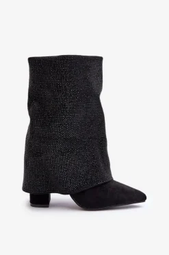 Zdobione Błyszczące Botki Z Wywiniętą Cholewką Na Słupku Ocieplane Czarne Xistaria