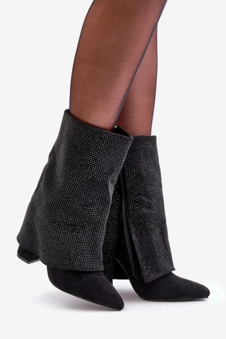 Zdobione Błyszczące Botki Z Wywiniętą Cholewką Na Słupku Ocieplane Czarne Xistaria