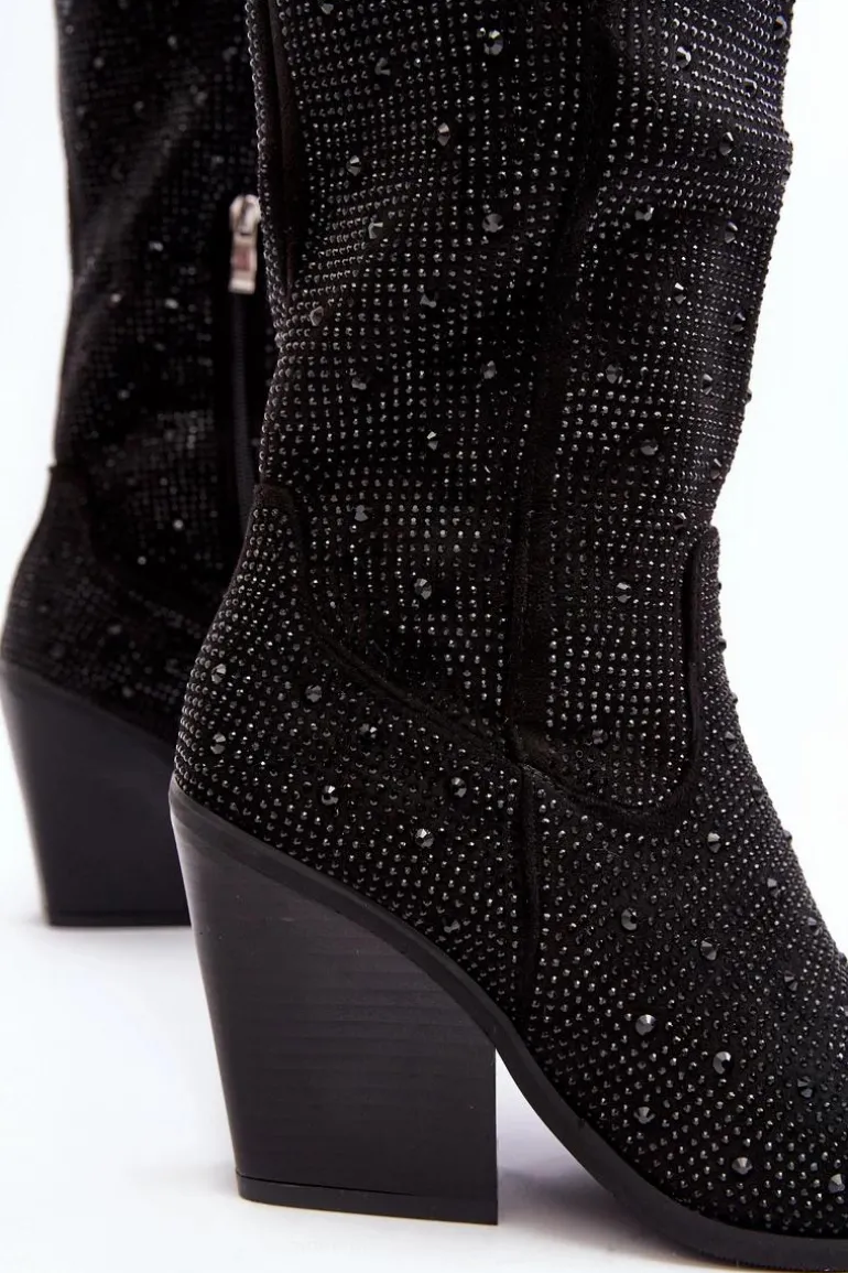 Zdobione Dżetami Kozaki Kowbojki Damskie Przed Kolano Czarne Poelstra