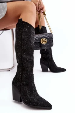 Zdobione Dżetami Kozaki Kowbojki Damskie Przed Kolano Czarne Poelstra