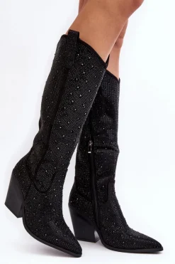 Zdobione Dżetami Kozaki Kowbojki Damskie Przed Kolano Czarne Poelstra