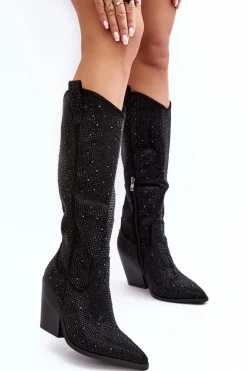 Zdobione Dżetami Kozaki Kowbojki Damskie Przed Kolano Czarne Poelstra