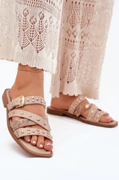 Zdobione Klapki Damskie Na Płaskim Obcasie Z Paskami I Klamrą Beżowe Manitte